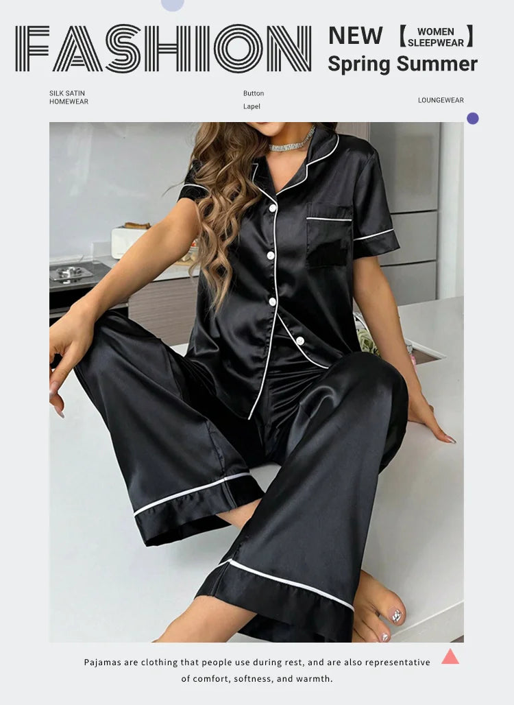 Satin Two-piece Soft Short Sleeve Button Tops & Pants