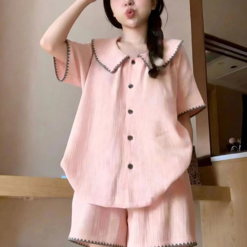 Sweet Ruffles Sets 2 Pieces Short Sleeve Night Wears