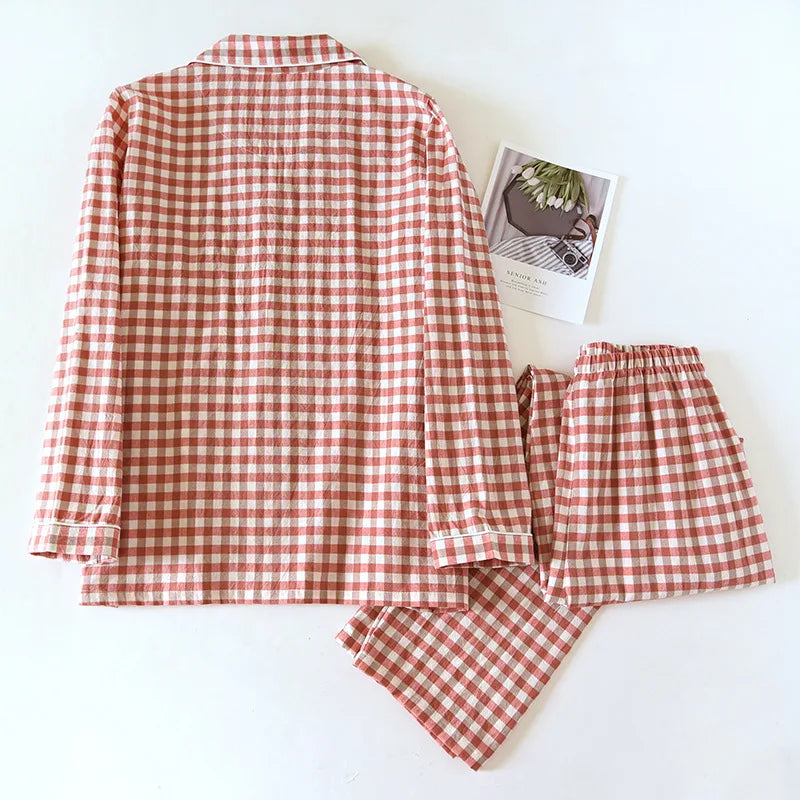 Cotton 100% Plaid Long Sleeve Two Piece Pajama Set