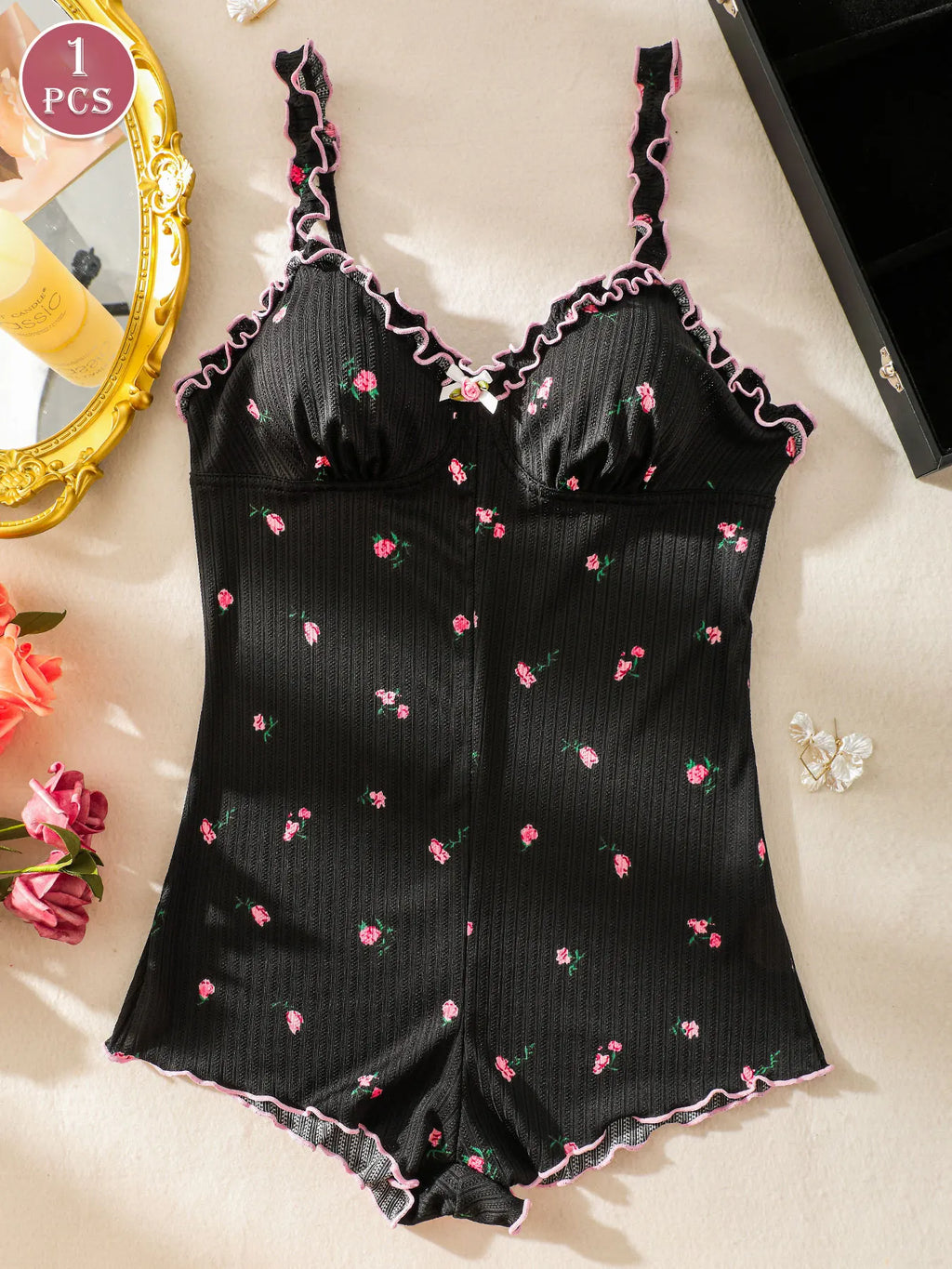 Cute Black Embroidered Rose One-piece Sleeveless Pajama Jumpsuit