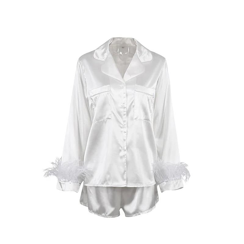 Patchwork Feather Cuffs Solid Color Long Sleeve Button Shirt with Short Pants Loose Loungewear