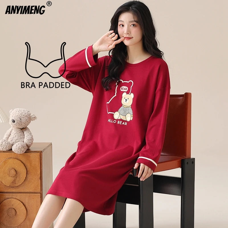 Women Long Nightgowns Pullover Loose Bra Padded Cotton Sleepshirt