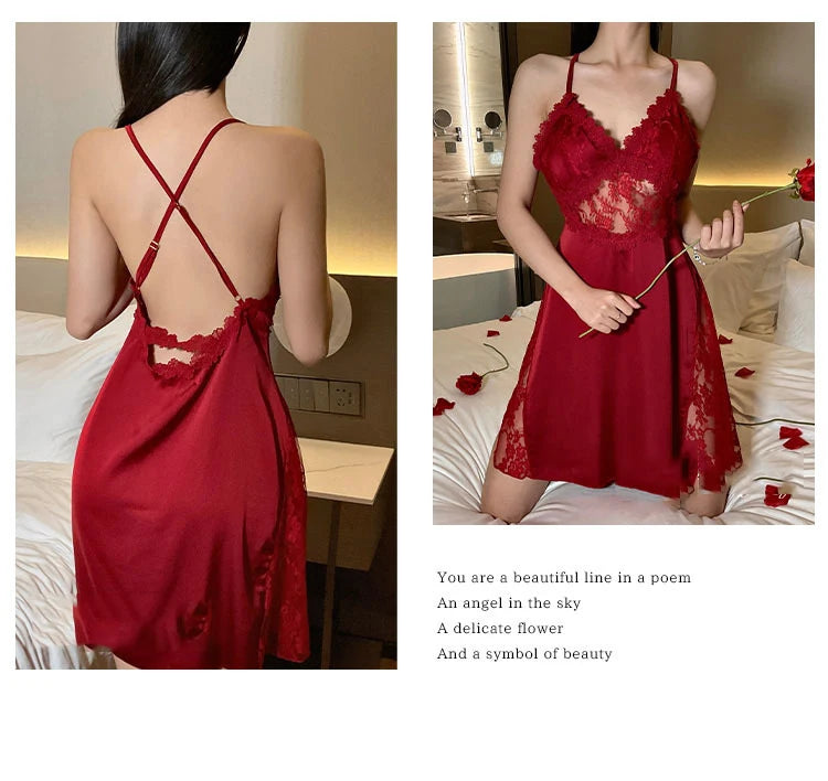 Sexy Camisole Nightgown Satin Deep V Backless Luxury Sleepwear