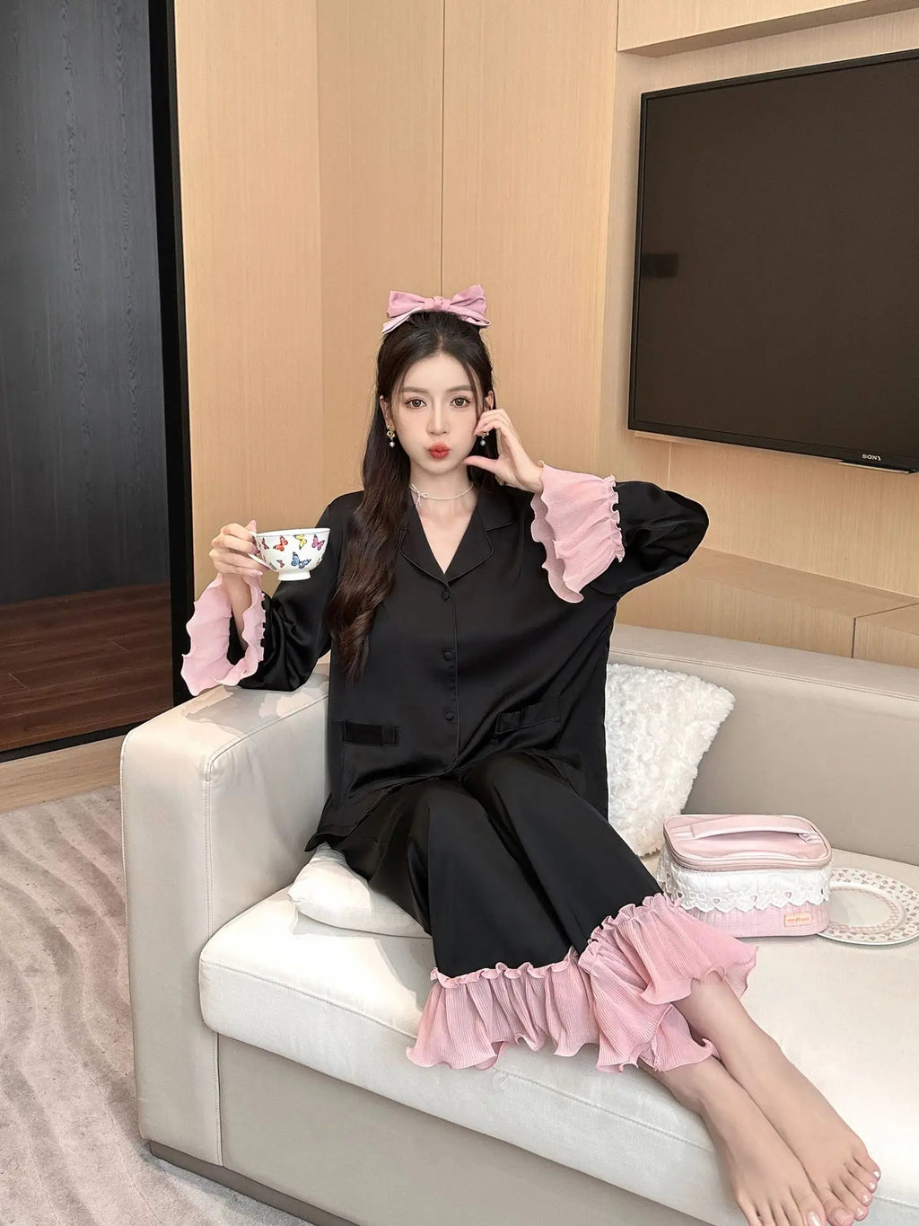 Women's Long-Sleeved Two-piece Silk Pajamas Set Solid Color Cool Nightgown