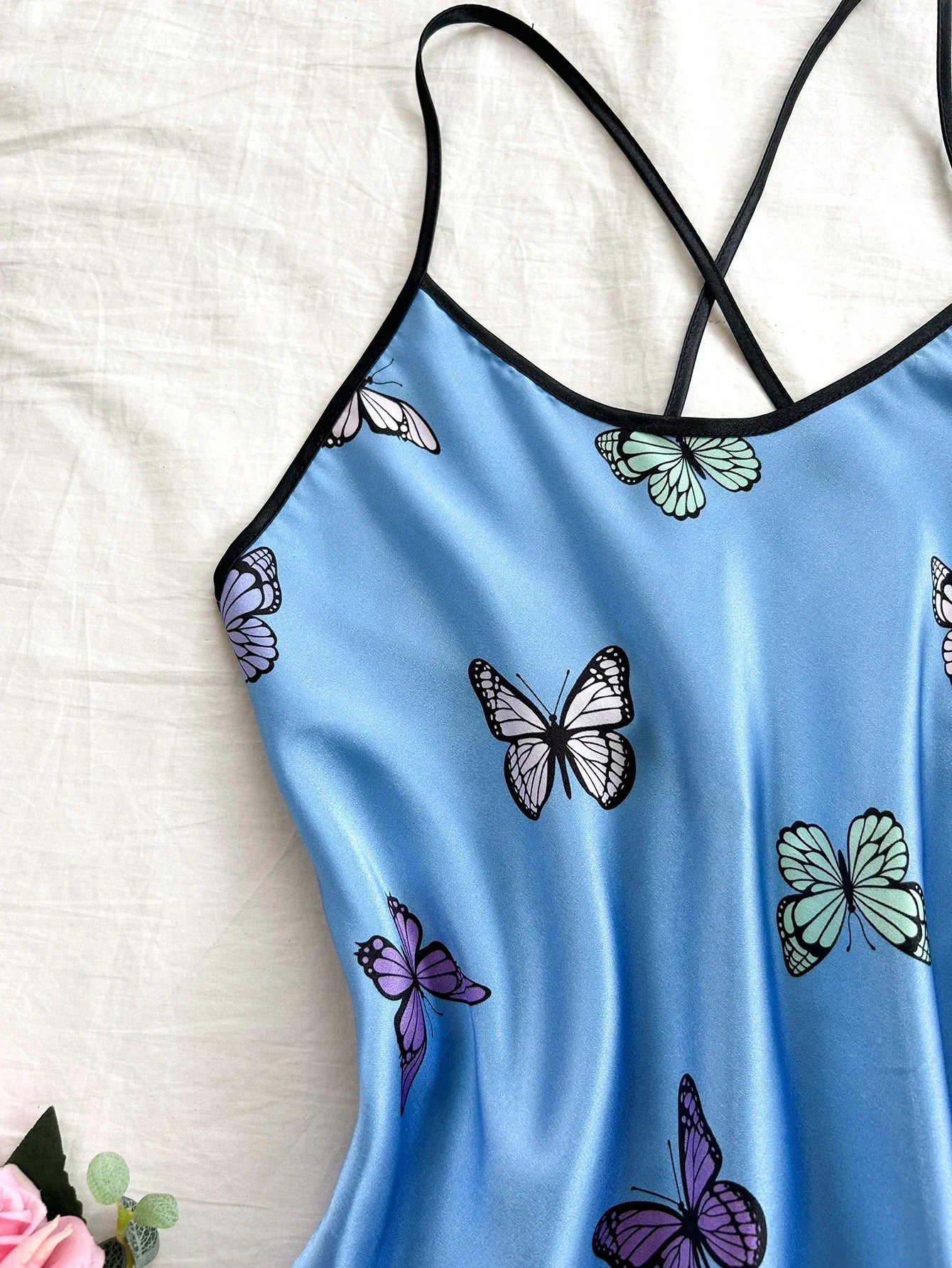 Silk Stain Butterfly Printed Slip Sexy Backless Nightdress