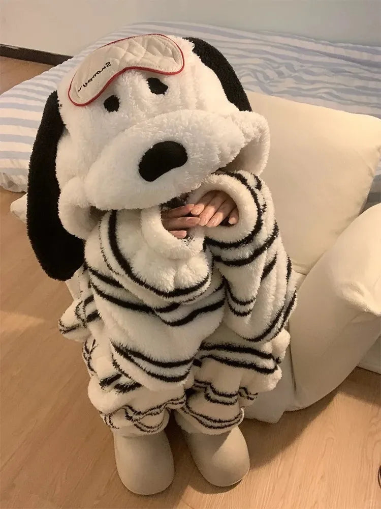 Cute Girl Cartoon Puppy Hooded Coral Fleece Loungewear Set