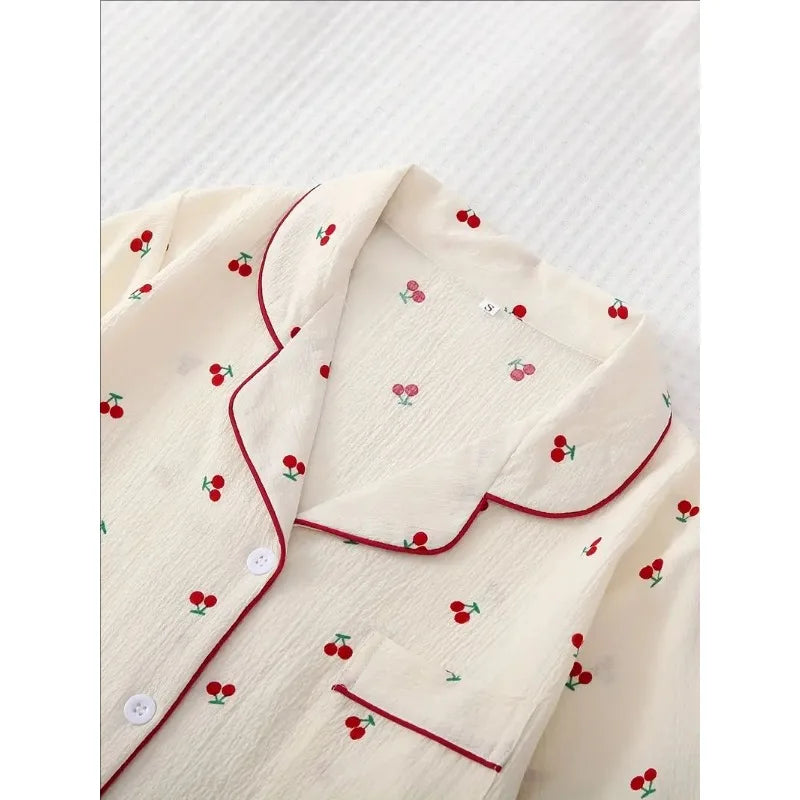 Cherry Print Cardigan Loungewear Short Sleeve Shorts