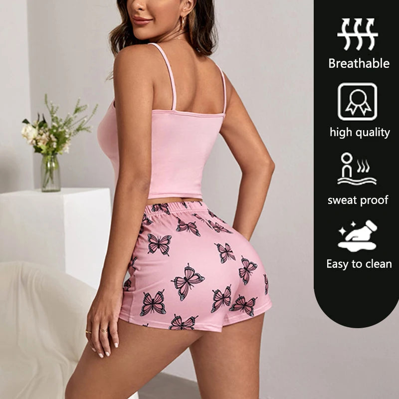 Pink Soft Butterfly Print Two-Piece Set Camisole Tops Shorts Loungewear