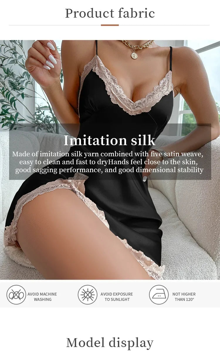 Lace Trim V Neck Backless Side Split Slip Sleep Dress