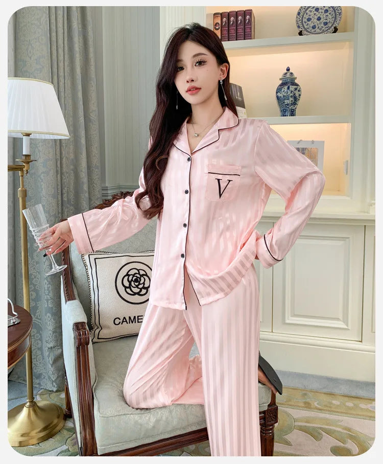 Women's Silk Pajama Set Long Sleeve Long Pants Lightweight Sleepwear for Comfortable Homewear Pj Set