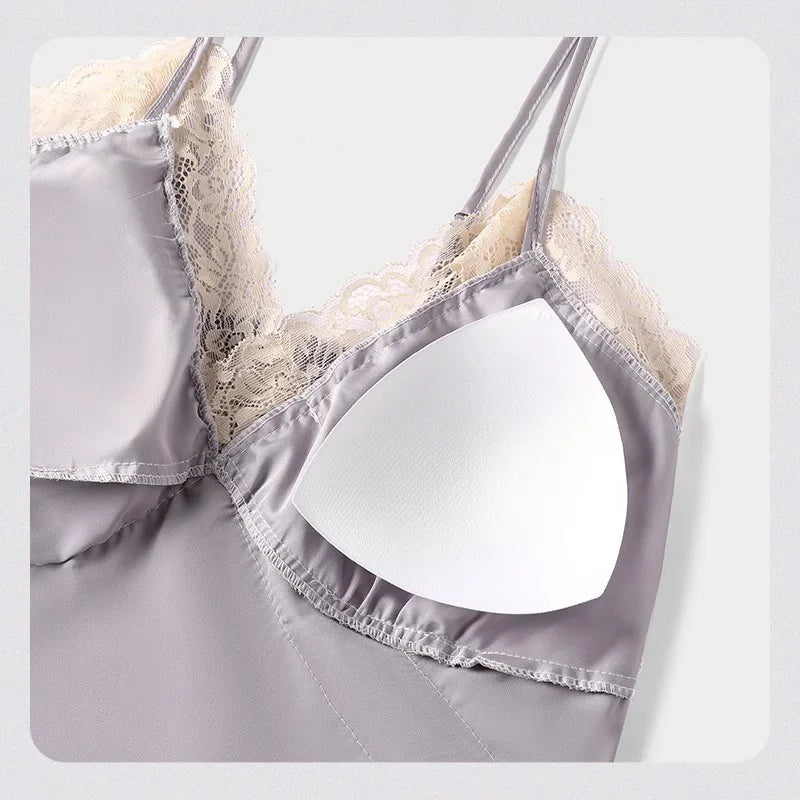 V Neck Spaghetti Strap Two Piece Sexy Satin Lace Trim Cami Top Shorts Lingerie