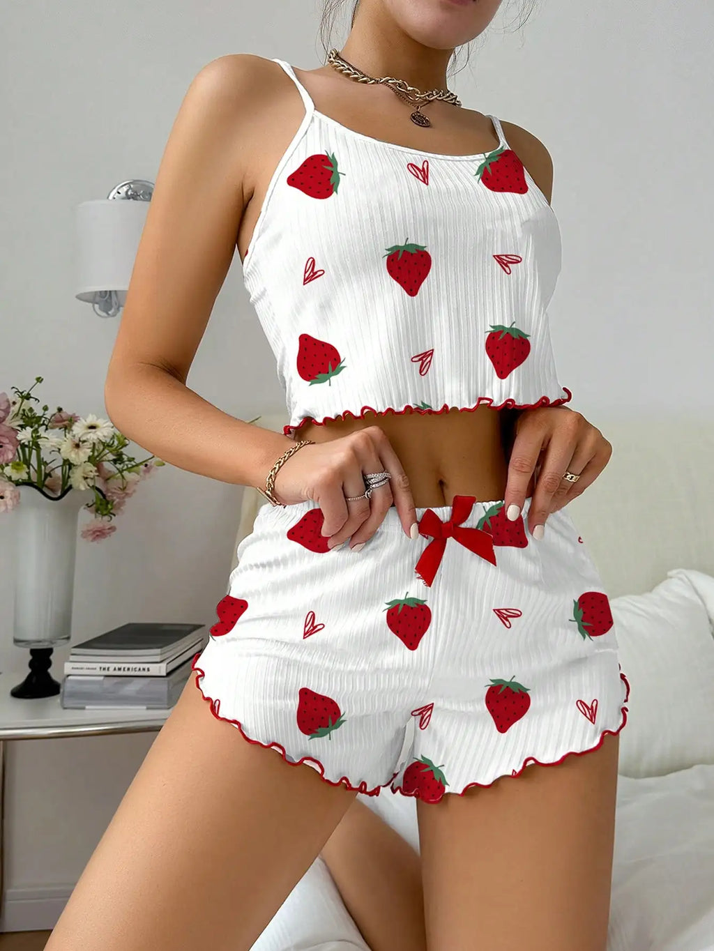 Strawberry Print Ribbed Knit Ice Silk Camisole Pajama Set