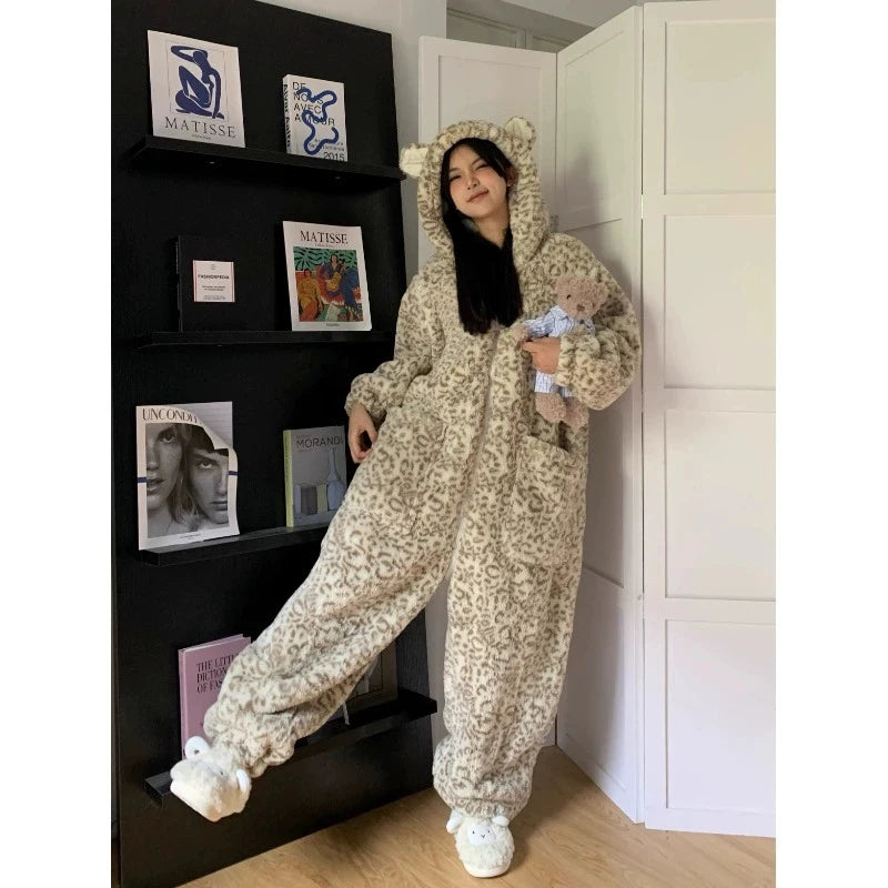 Leopard Hooded Onesie Flannel Pochets Overall Slippers Set