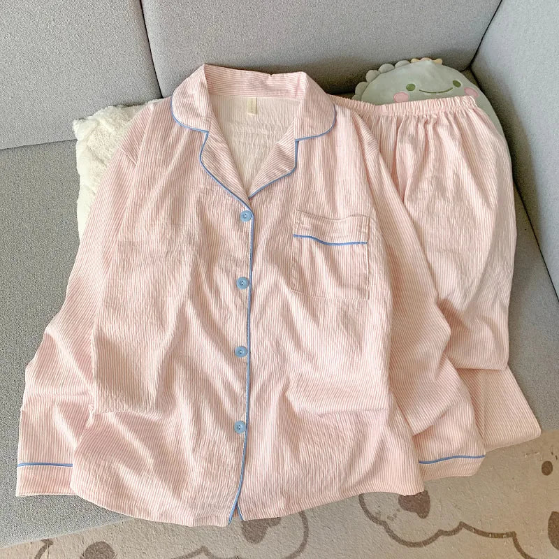 Cloud Soft Cotton ong-Sleeved Top with Long Trousers Sweet and Cute Pajama Set