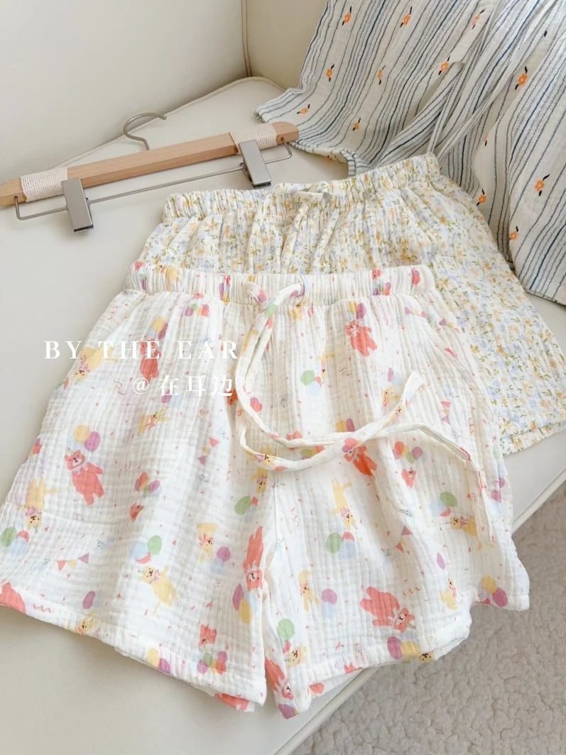 Thin Pure Cotton Bubble Cotton Gauze Sweet Loose High Waist Full Cotton Shorts