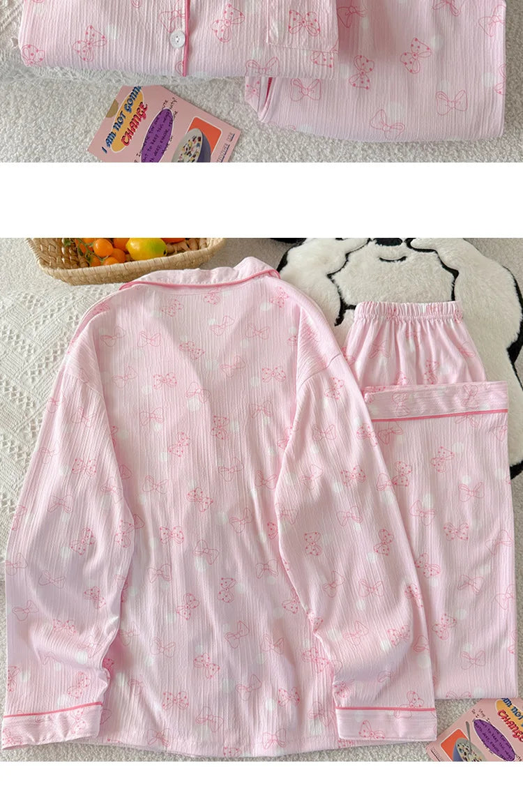 Women's Pink Bow Collar Loose Pajamas Long Sleeve Long Pants Set