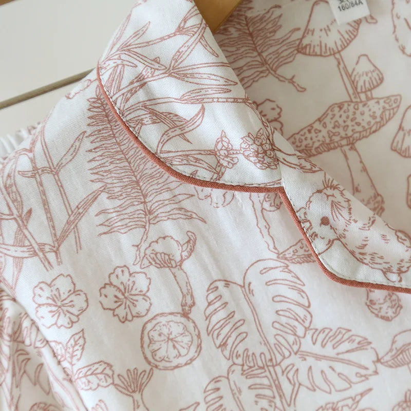 Double Layer Gauze Breathable Cotton Fashion Print Short Sleeved Soft Thin Two-piece Pajama Set