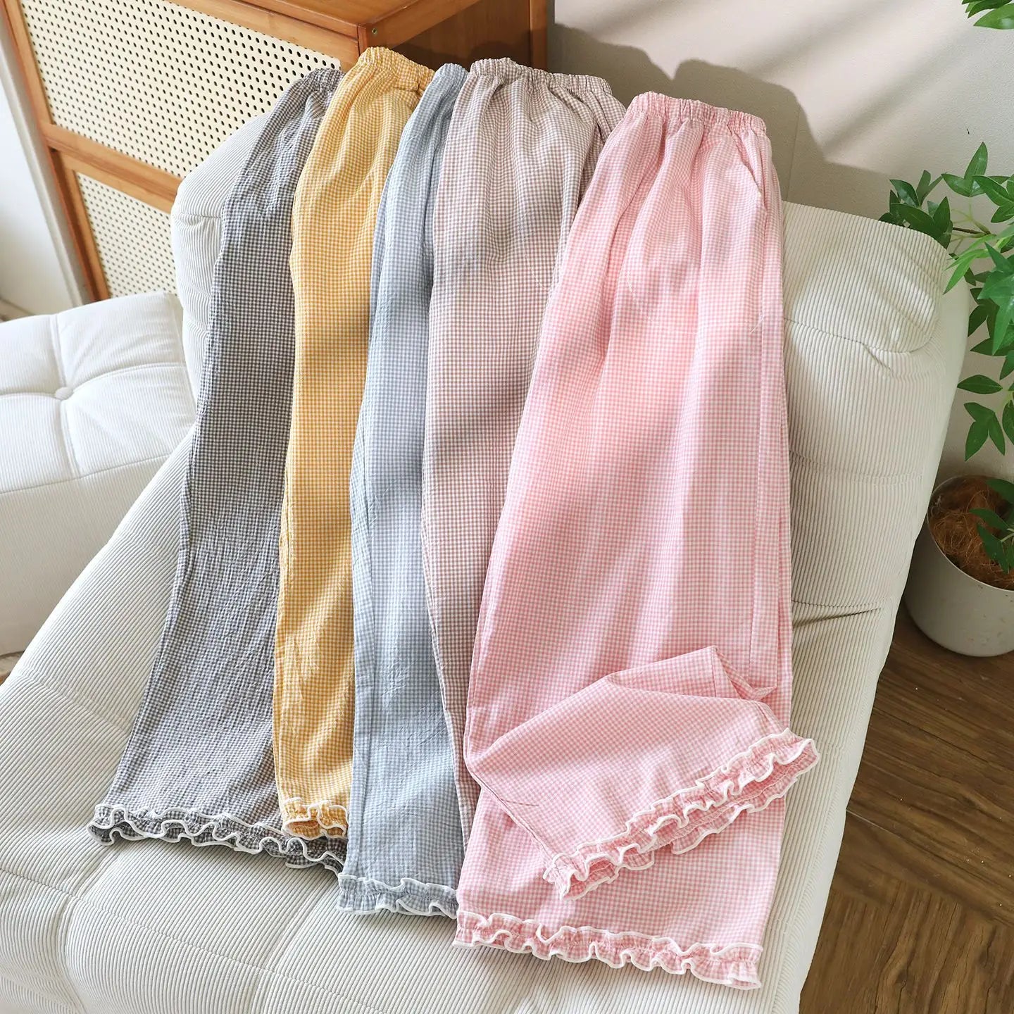 Loose Size Plaid Pajama Pants Elastic Waist Casual Homewear Women Nine-point Trousers