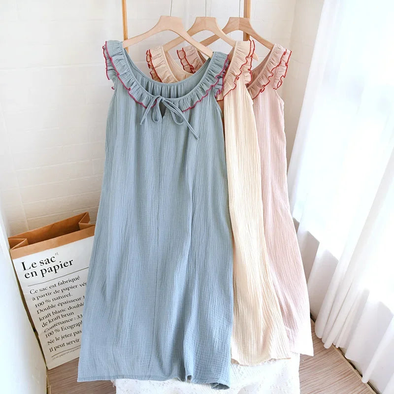 Ruffle Edge Sleeveless Camisole Women's Nightgown Double-layer Gauze Long Style Night Dress