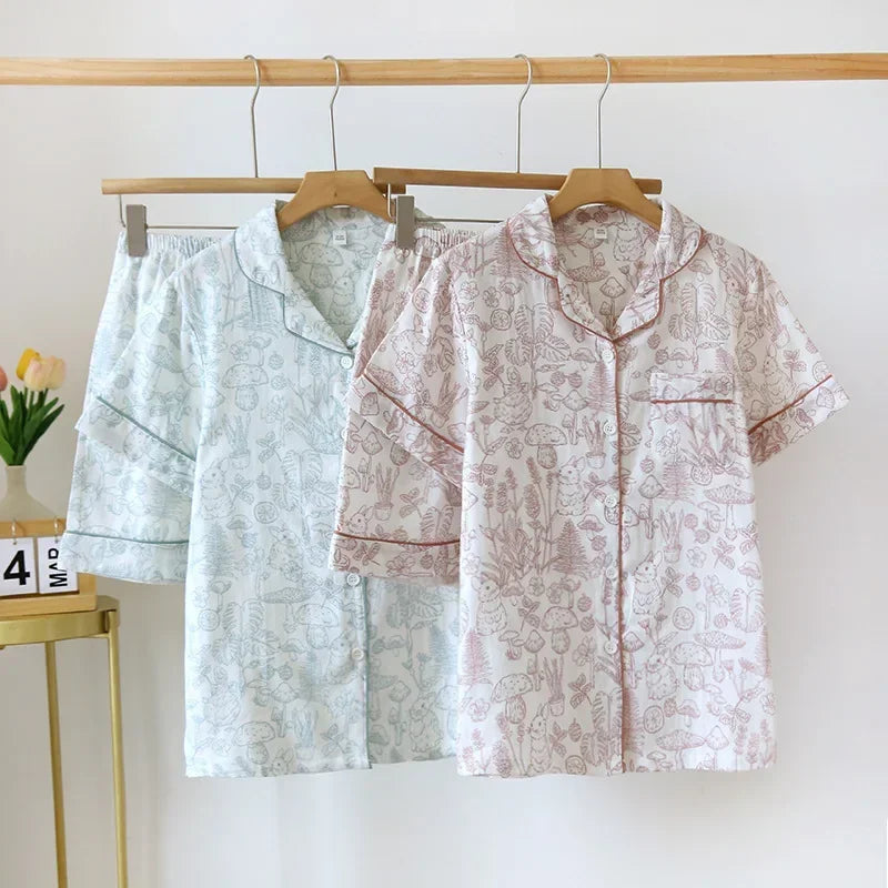 Double Layer Gauze Breathable Cotton Fashion Print Short Sleeved Soft Thin Two-piece Pajama Set