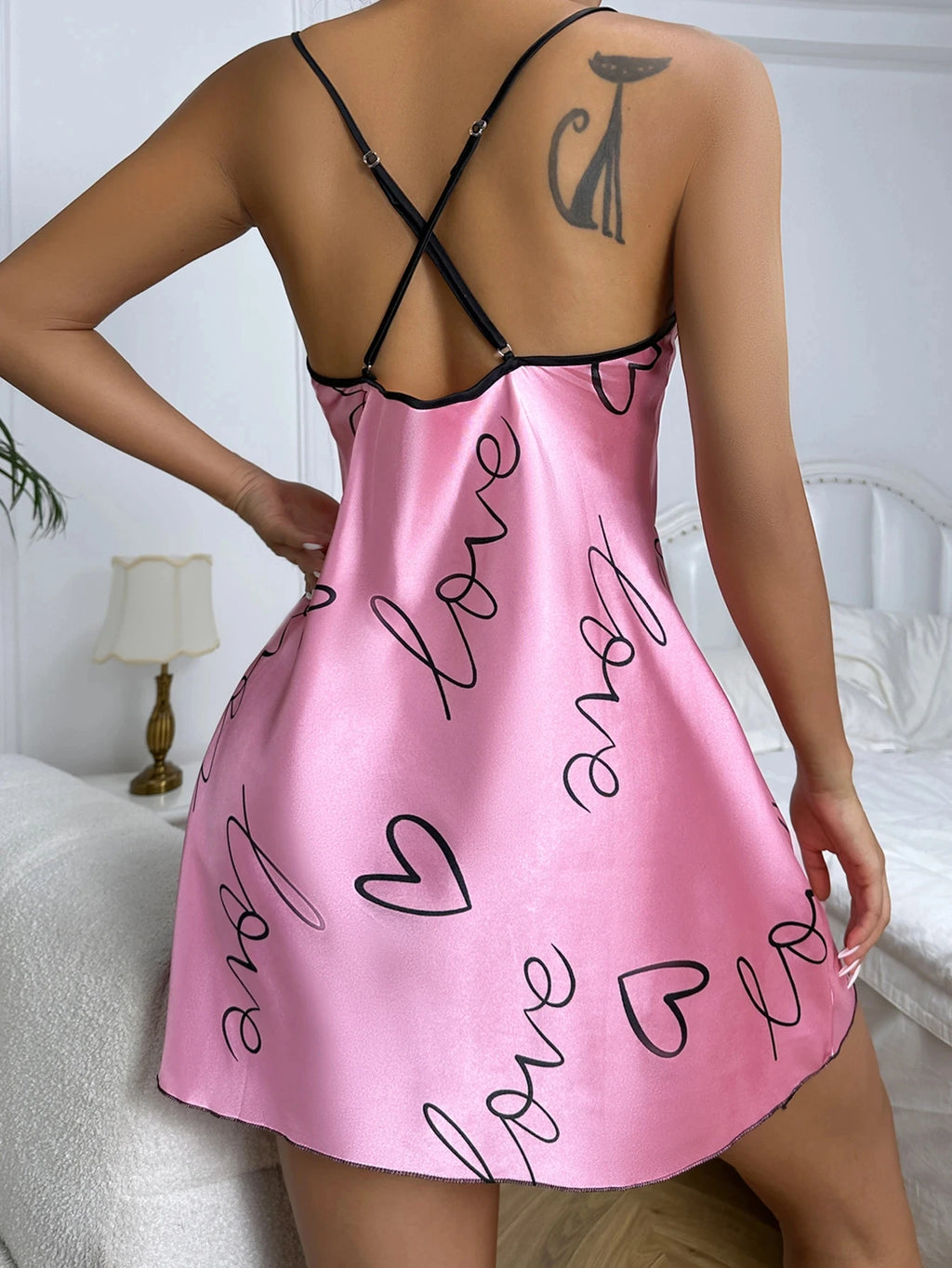 Heart Print Nightdress Scoop Neck Criss Cross Back Sleep Dress Women's Sleepwear