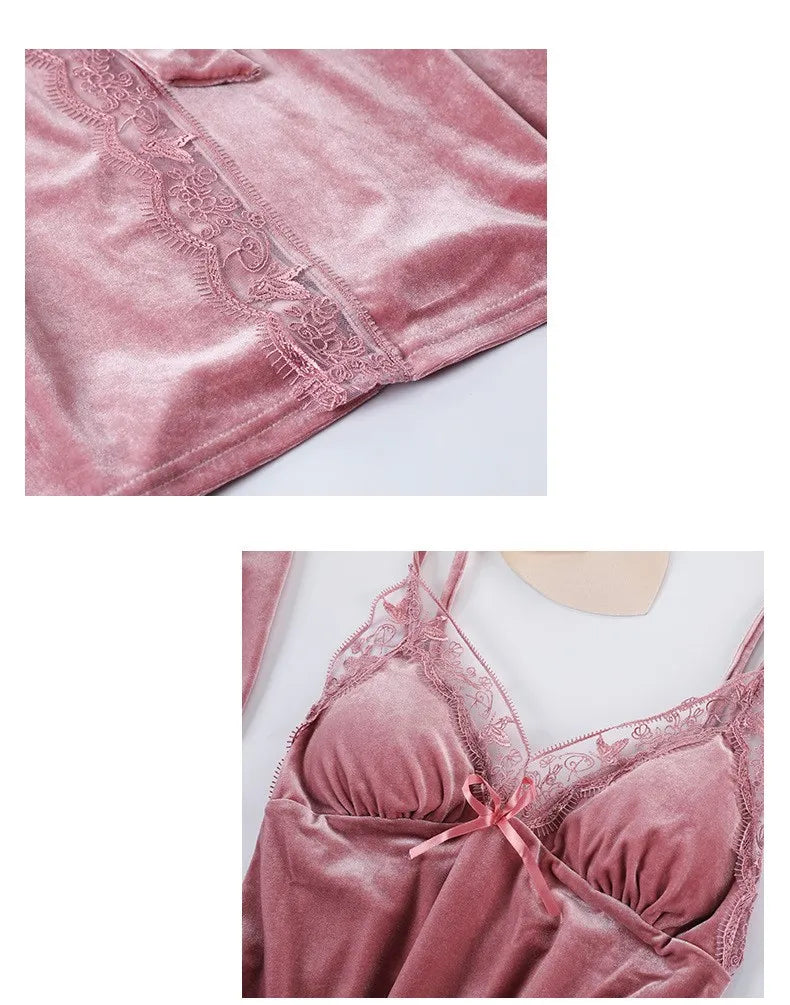 Lace Velvet 4 Pieces Women Warm Pajamas Sets With Pants Sexy Robe Sleepwear Sleeveless Nightwear