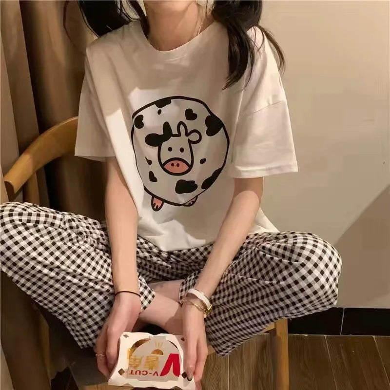 Ladies Comfortable Cartoon Half-sleeved Long Pants Two-piece Set