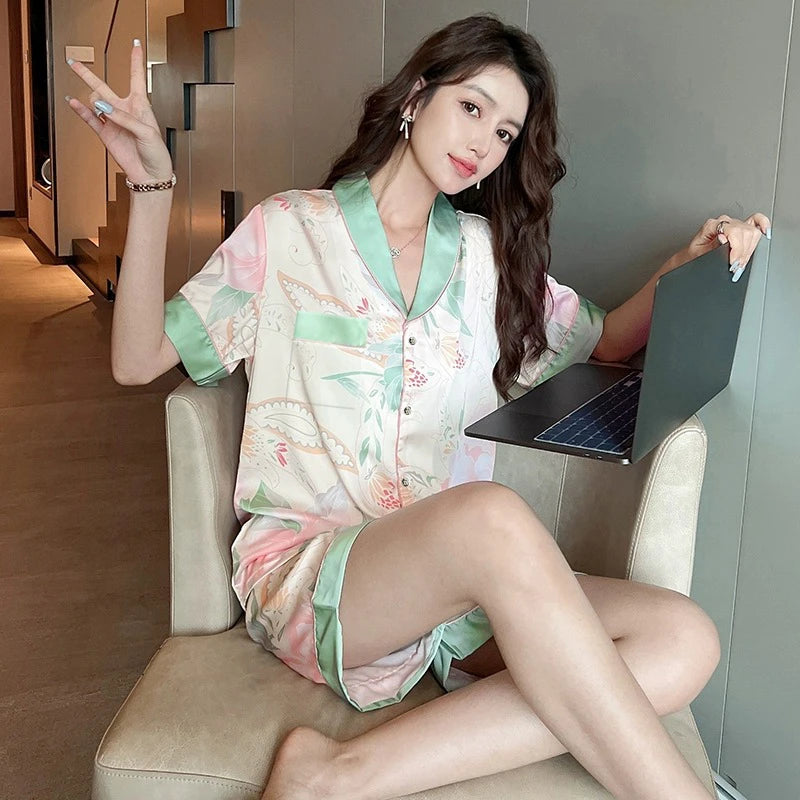 Sweet Peony Floral Prints Silk Female Casual Sleepwear