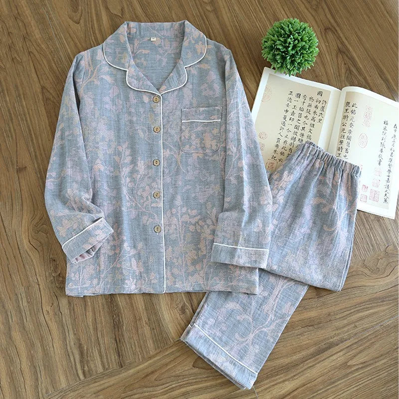 Spring 100% Cotton Gauze Retro Color Knitted Long Sleeve Two Piece Pajama Set