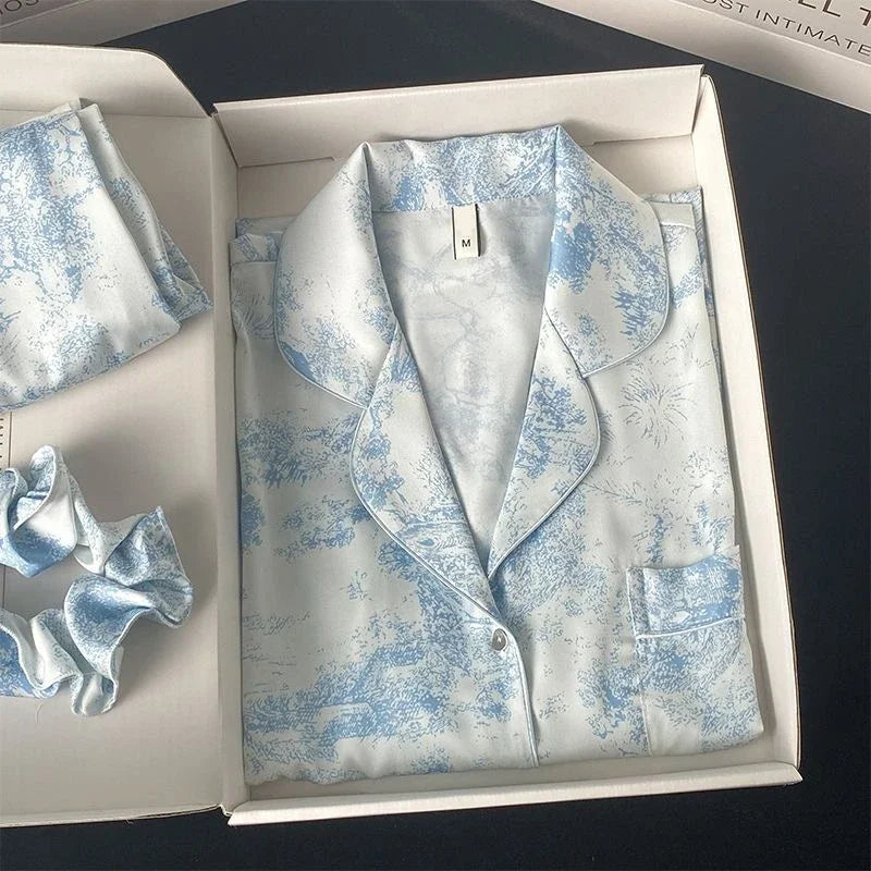 Ice Silk Women Pajama Lapel Button Cardigan Style