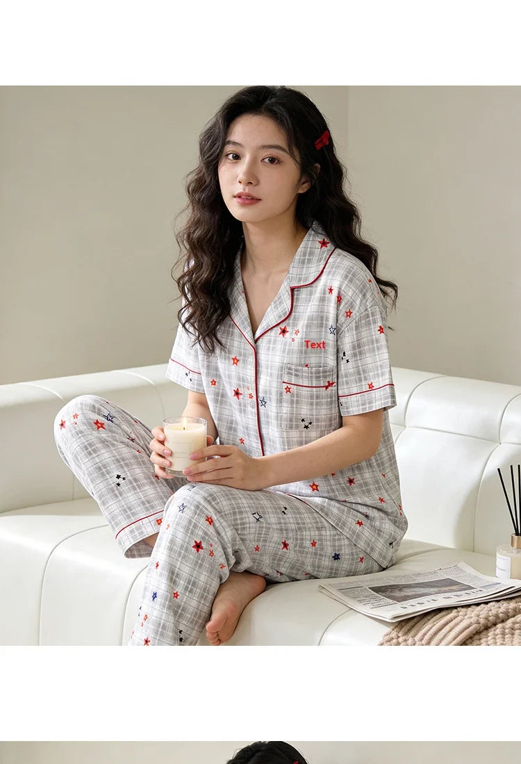 Printed Star Cardigan with Sophisticated Short-Sleeve Top and Long Pants Homewear