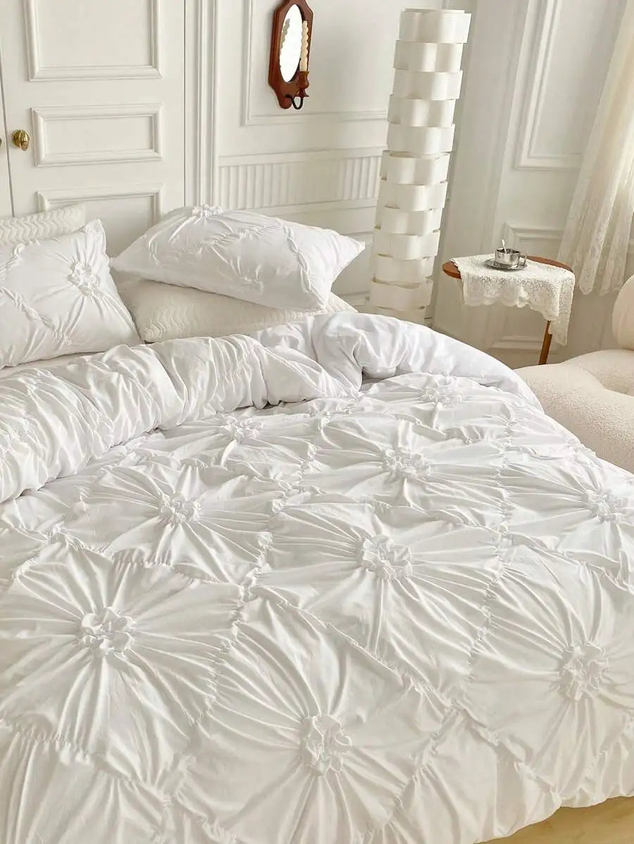 Ruched Flower Design Duvet Cover Set with Pillowcases Polyester Bedding for All Seasons