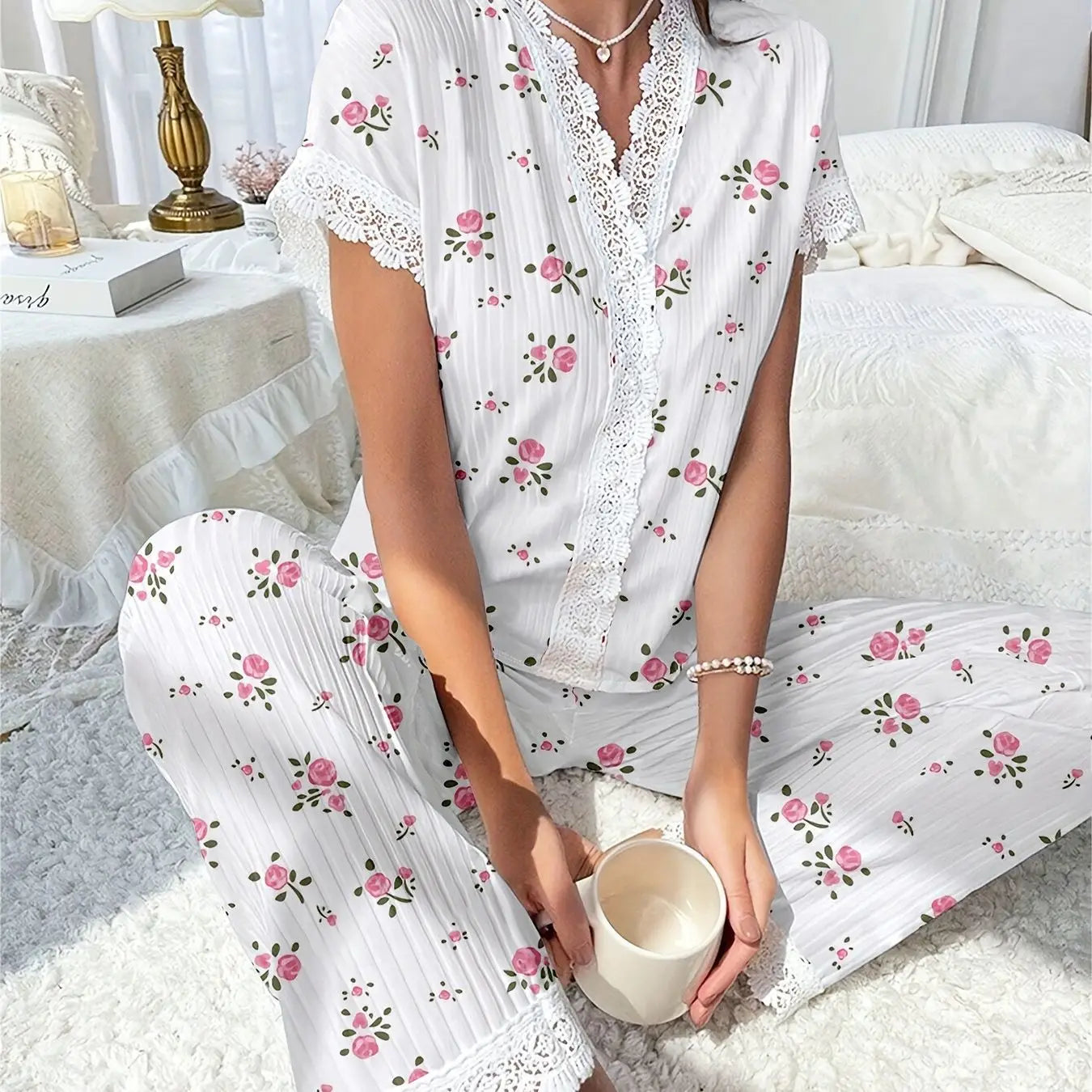 Lace Collar Printed Shirt Trousers Loungewear