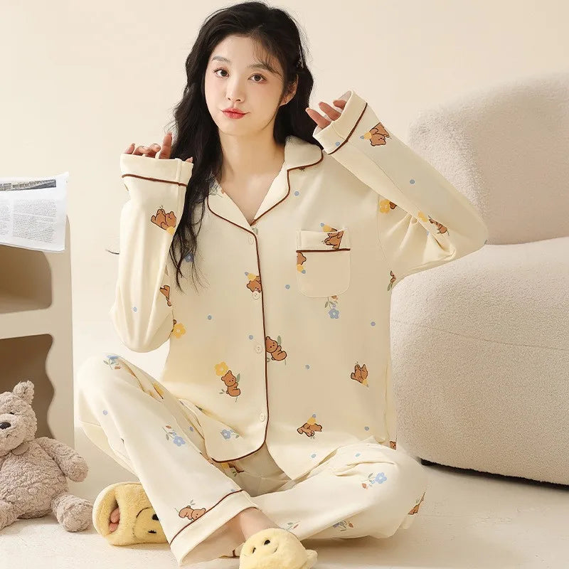 Women's Cardigan Long-sleeved Long Pants Cotton Comfortable Pajamas