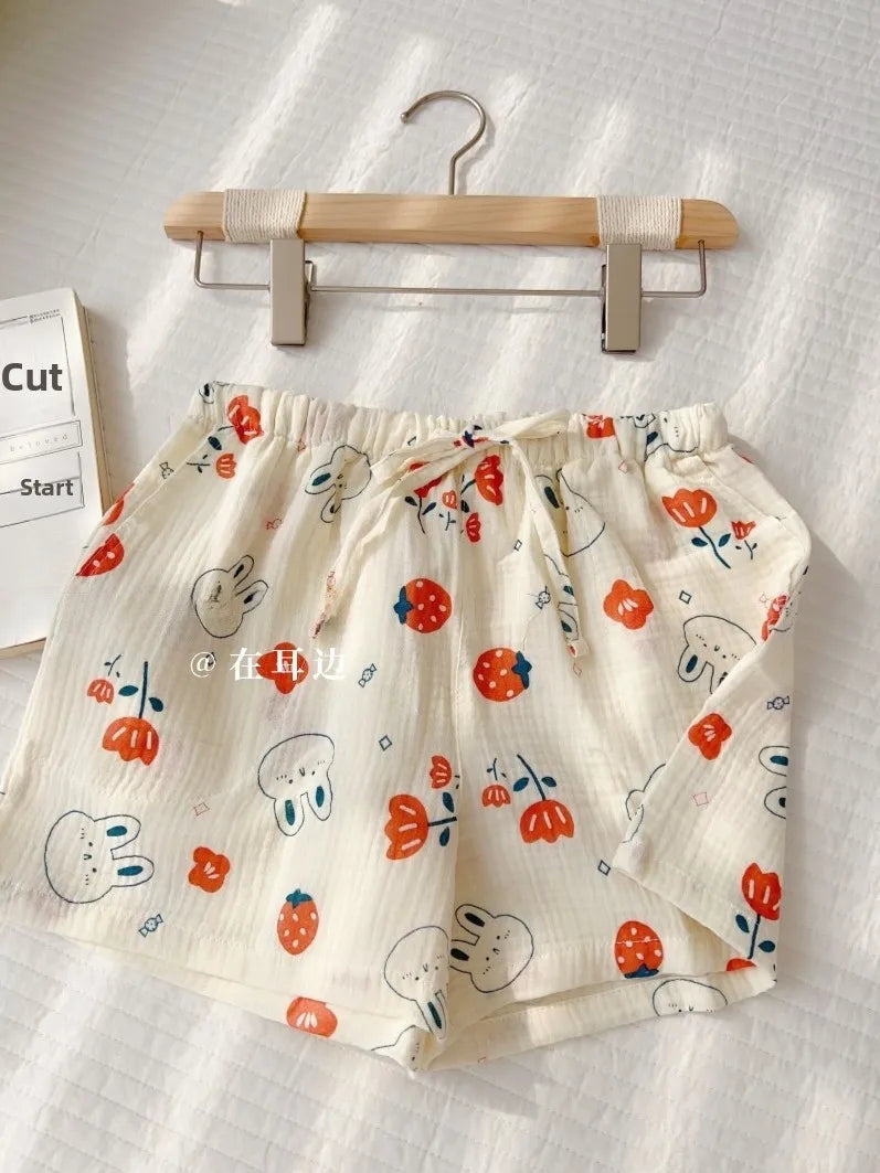Thin Pure Cotton Bubble Cotton Gauze Sweet Loose High Waist Full Cotton Shorts