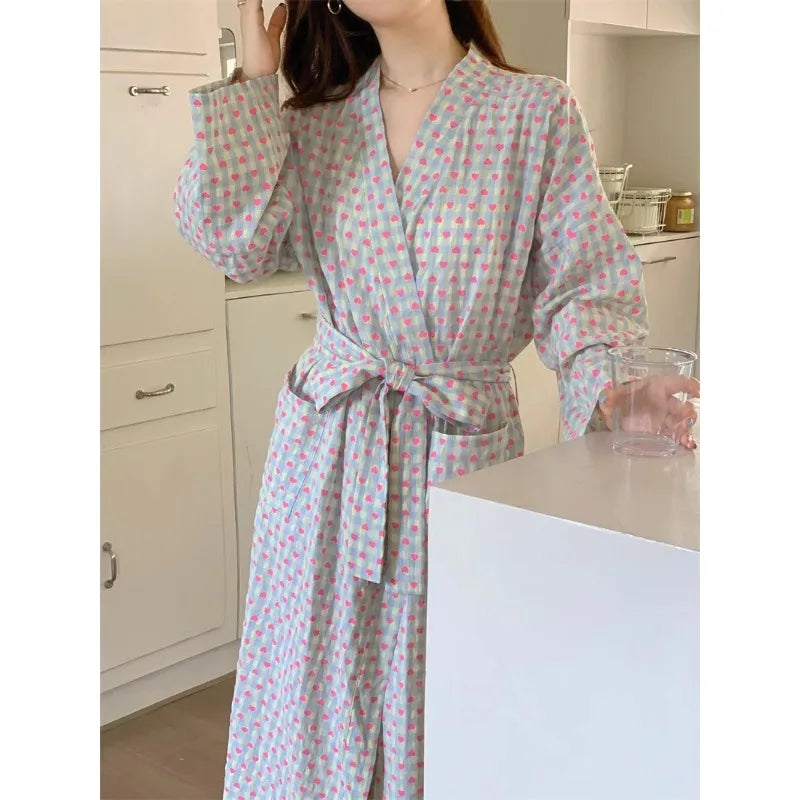 Love Plaid Loose Long-sleeve Kimono V-neck Lace Sexy Robe