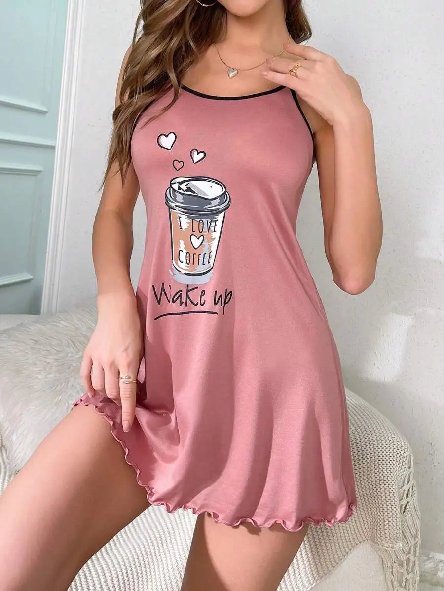 Lettuce Trim Coffee Letter Print Spaghetti Strap Mini Nightgown