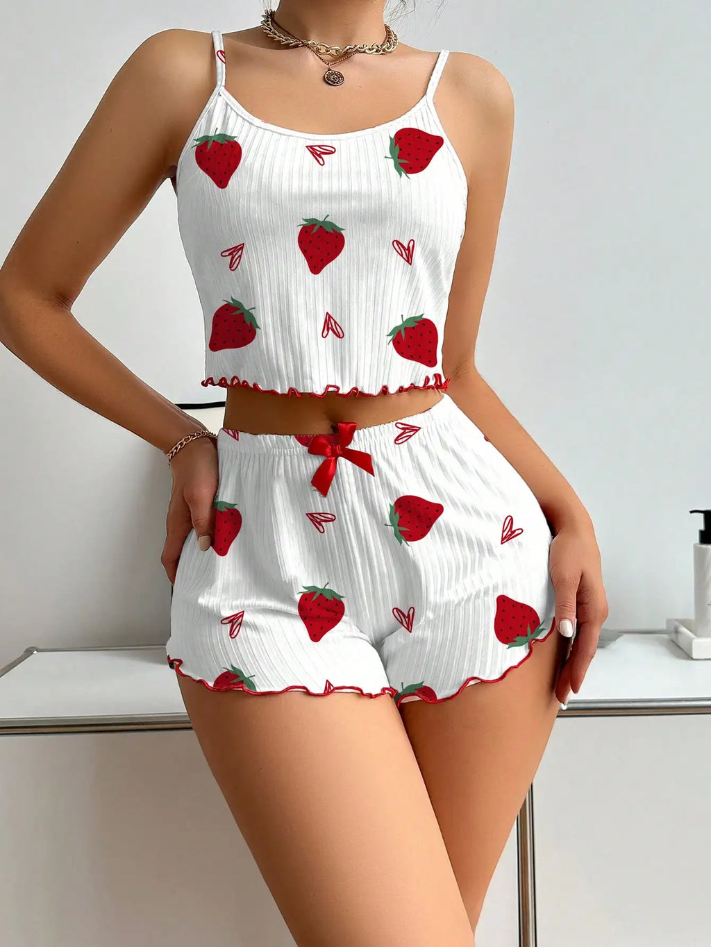Strawberry Print Ribbed Knit Ice Silk Camisole Pajama Set