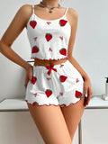 Strawberry Print Ribbed Knit Ice Silk Camisole Pajama Set