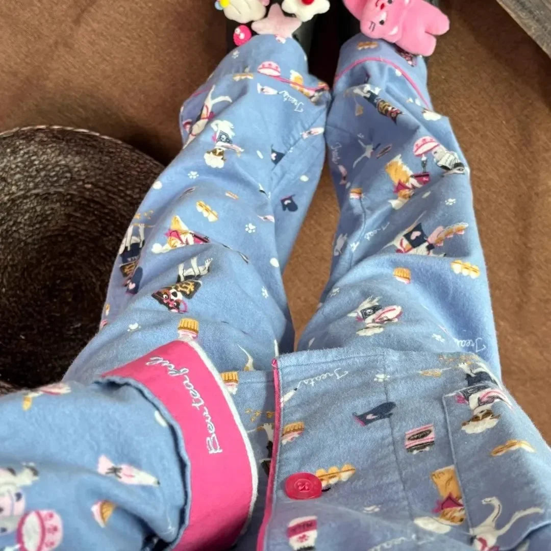 Women's Pajamas Set Cute Cartoon Print Sleepwear Top&pants Two-piece Soft Cotton Femme Nightwear