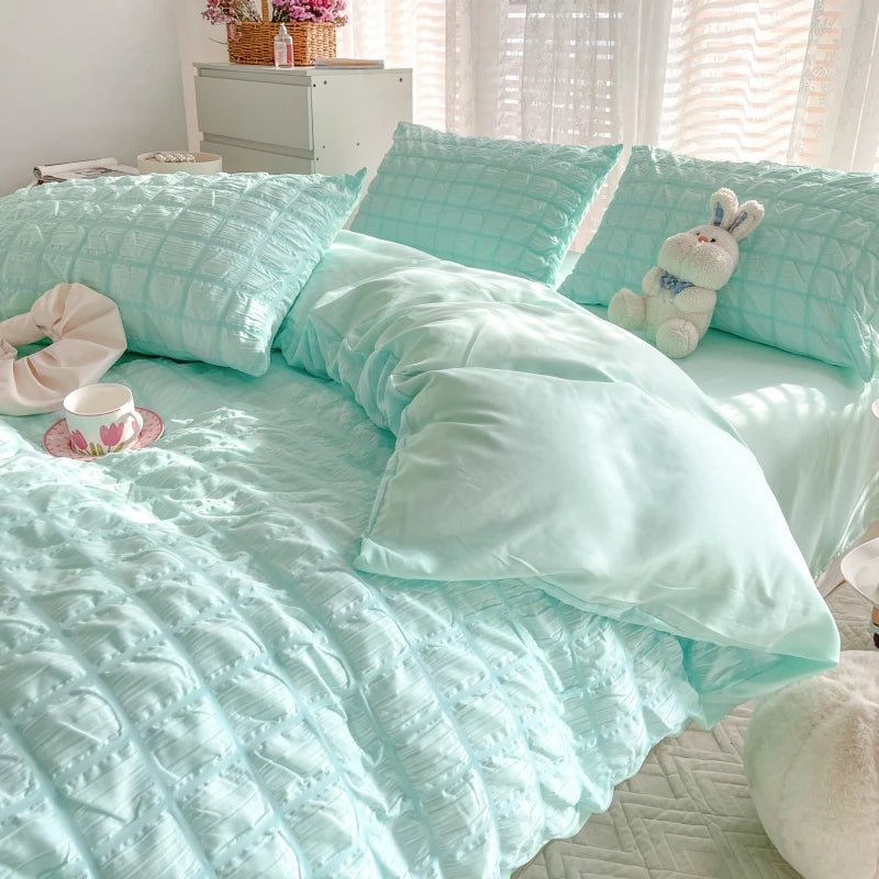 Puffy Check Bubble Fabric Set Duvet Pillowcase Bedding Sheet Quilt Cover Set