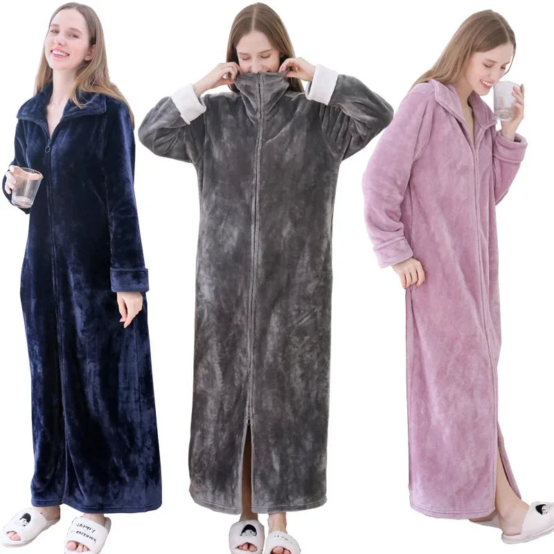 Ultra Long Thick Warm Bathrobe Thermal Flannel with Zipper