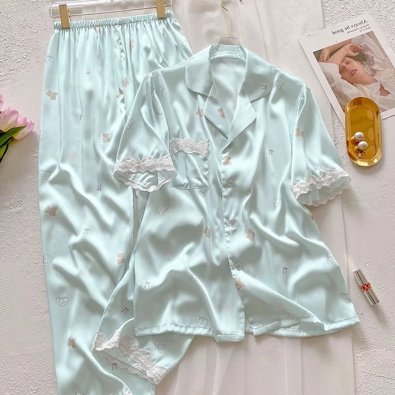 Bear Print Silk Short Sleeve Pants Loungewear Cardigan Lace Two-Piece Set