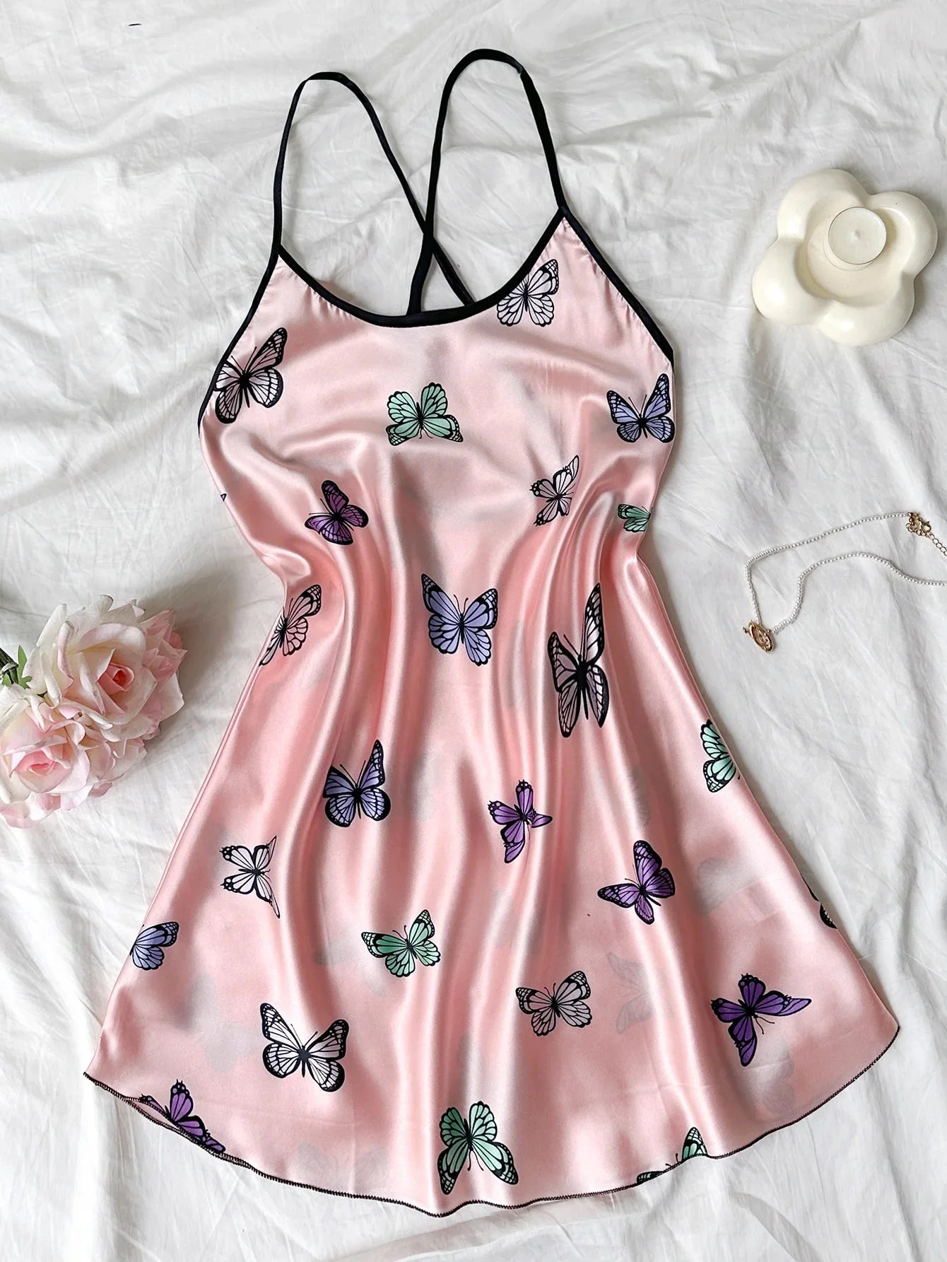 Silk Stain Butterfly Printed Slip Sexy Backless Nightdress