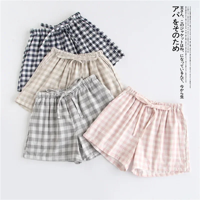 Lattice Style Pure Cotton Gauze Shorts with Simple Elastic Waist