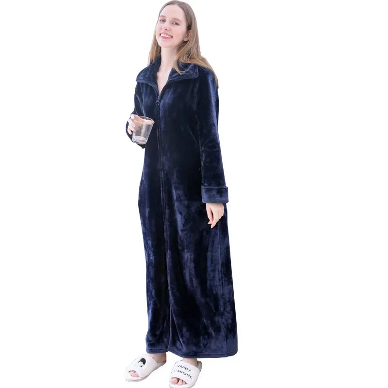 Ultra Long Thick Warm Bathrobe Thermal Flannel with Zipper