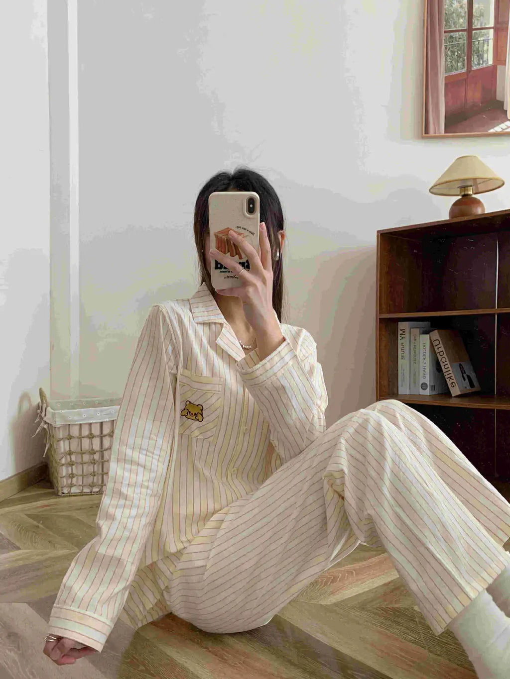 Japanese Style Women's Striped Pajama Set 100% Cotton Long Sleeve Long Pants Two Piece Set
