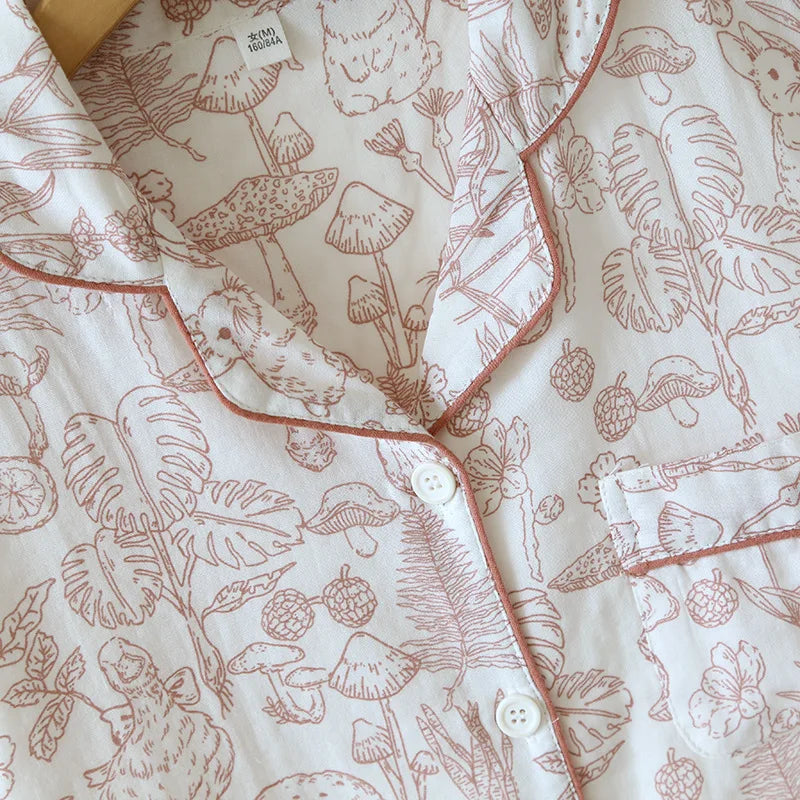 Double Layer Gauze Breathable Cotton Fashion Print Short Sleeved Soft Thin Two-piece Pajama Set