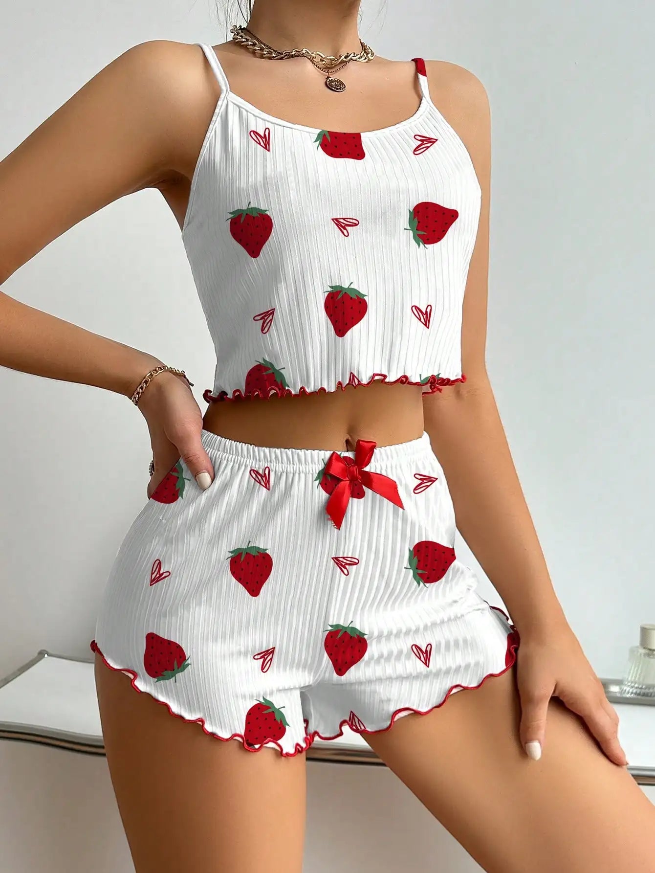 Strawberry Print Ribbed Knit Ice Silk Camisole Pajama Set