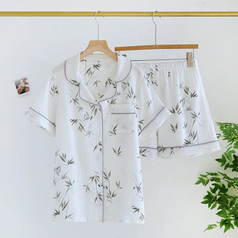 Japanese Short-sleeved Shorts Two-piece Ladies Cotton Crepe Cute Fresh Loose Set